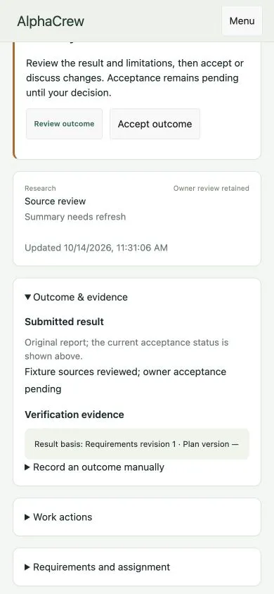 AlphaCrew mobile Work detail with a deliverable, acceptance status and supporting evidence.